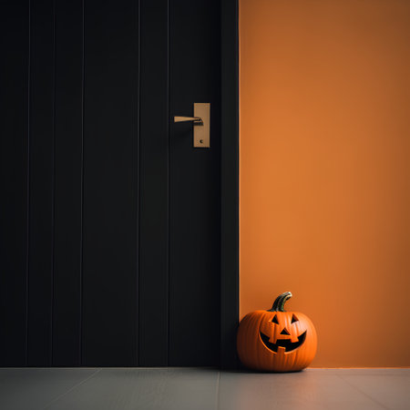 Halloween pumpkin in front of a door. 3d rendering.の素材