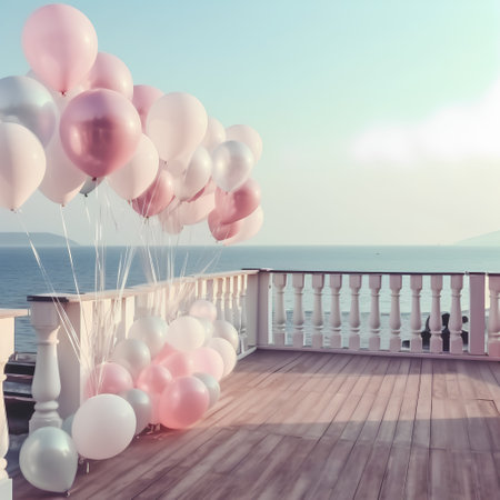 Balcony with pink and white balloons on the background of the seaの素材