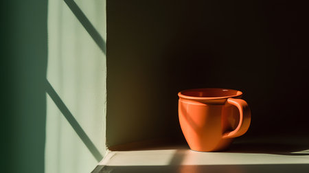 Orange cup with shadow on a wall in sunlight. Minimal style.の素材