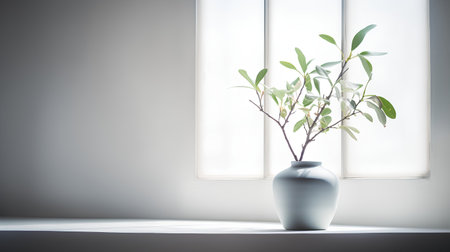 Vase with a plant on a windowsill. 3d renderingの素材