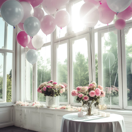 Beautiful wedding bouquet with pink and white balloons on the windowsillの素材