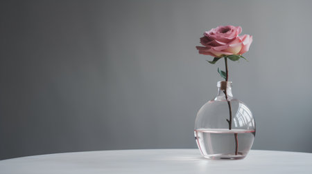 Pink rose in a glass vase on a white table and gray backgroundの素材