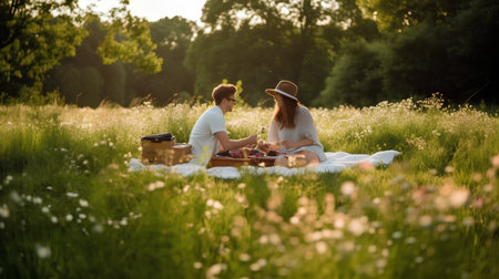 Couple in love having picnic on the meadow at sunset.の素材