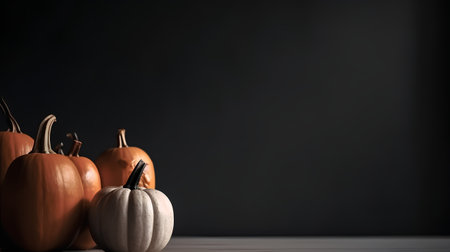 Autumn still life with pumpkins on a black background. Copy space.の素材