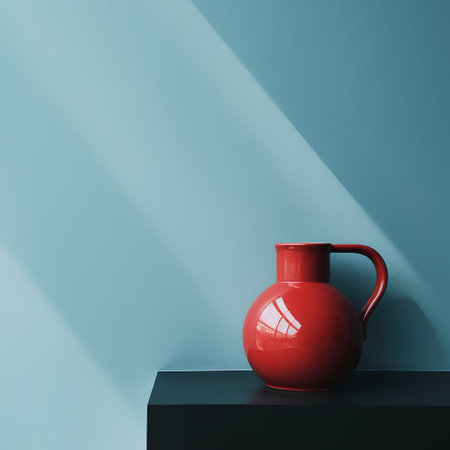 Red ceramic vase on blue wall. Minimalistic concept. 3D Renderingの素材