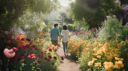 Romantic couple in love walking in the garden. Man and woman holding hands.の素材