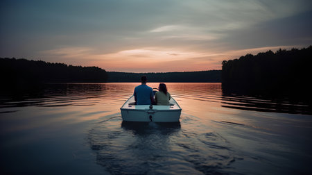 Couple in a boat on the lake at sunset. Love storyの素材