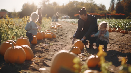 Happy family with children and pumpkins on a pumpkin patch in autumnの素材