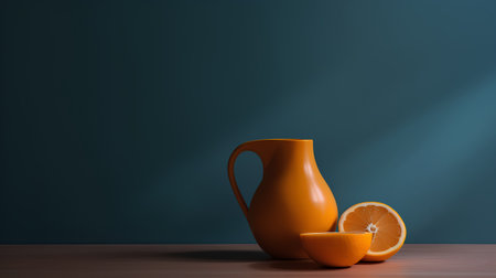 Orange jug and oranges on a wooden table. 3d rendering.の素材
