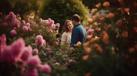 Couple in love walking in the garden. Handsome man and beautiful woman in the flower garden.の素材