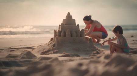 mother and daughter building sand castle on tropical beach, family vacation conceptの素材