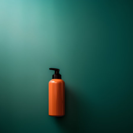 Orange shampoo bottle on green background with copy space. Top view.の素材