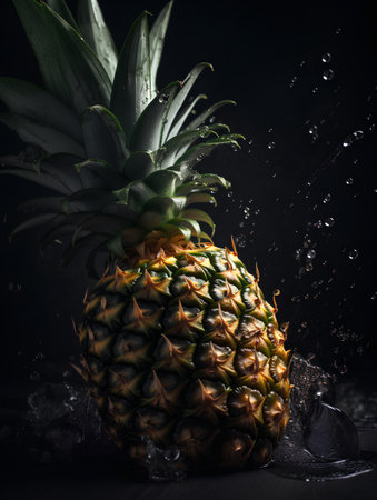 Pineapple with water splash on black background. Tropical fruit.の素材