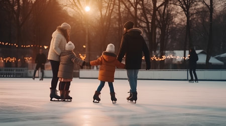 Happy family skating on ice rink at sunset. Winter vacation concept.の素材