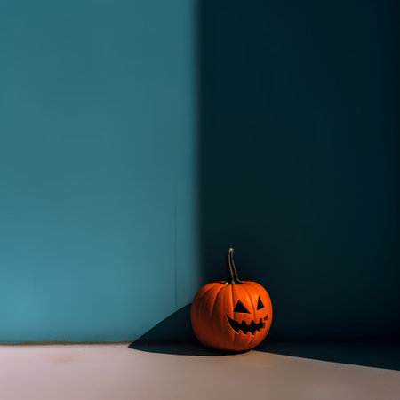 Halloween pumpkin on blue wall background with copy space. 3d renderの素材