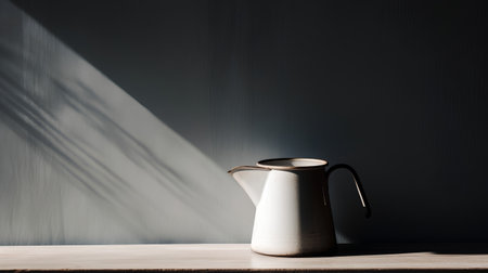 Ceramic jug on a wooden table against a gray wall.の素材