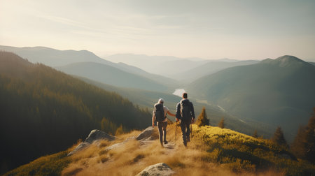 Couple walking in the mountains at sunset. Concept of travel and tourismの素材