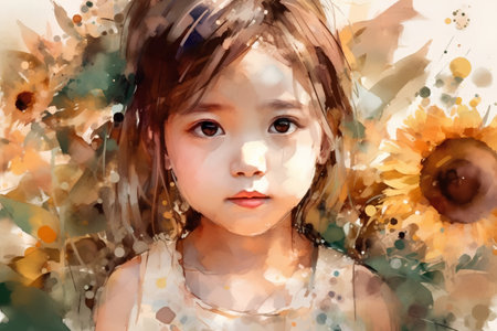 Portrait of a little girl with sunflowers. Digital painting.の素材