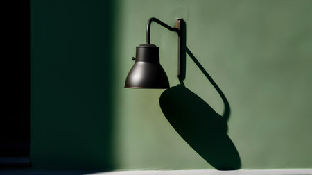 A black lamp hanging on a green wall in the shade of the sunの素材