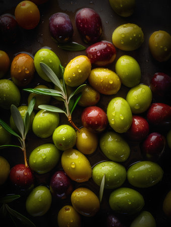 Green and red olives with green leaves on a black background.の素材