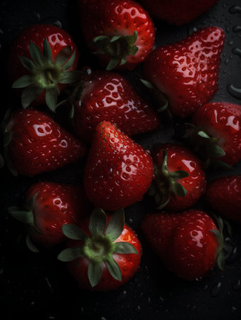 Fresh ripe strawberries on a dark background. Selective focus. Toned.の素材