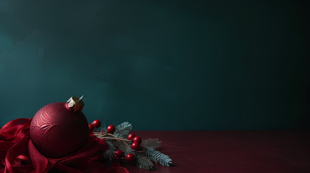 Red christmas ball with red ribbon on dark background with copy spaceの素材