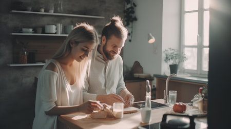 Young couple cooking together in the kitchen at home. Man and woman are preparing food.の素材