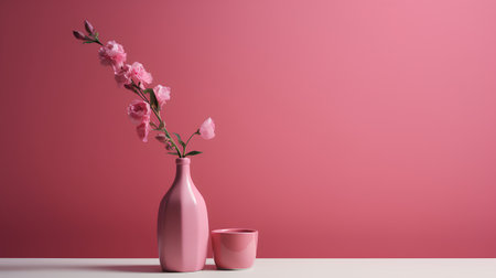 Pink vase with flowers on a pink background. 3d renderingの素材
