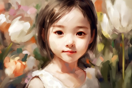 Portrait of a beautiful little girl with flowers. Digital painting.の素材