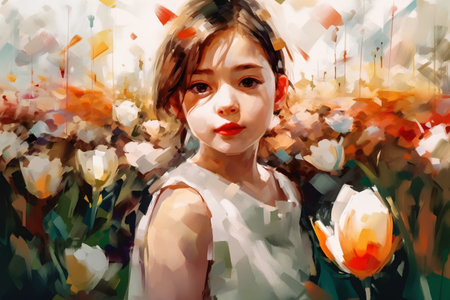 Beautiful girl in a field of tulips. Digital painting.の素材