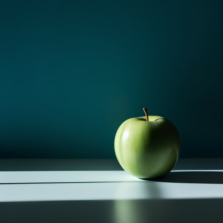 Green apple on a blue background. Minimalistic style. 3d renderの素材