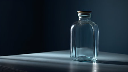 Empty glass bottle on a dark blue background. Horizontal photo.の素材