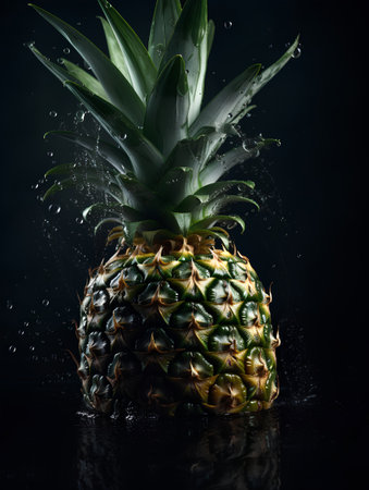 Pineapple with water drops on a black background. Copy space.の素材