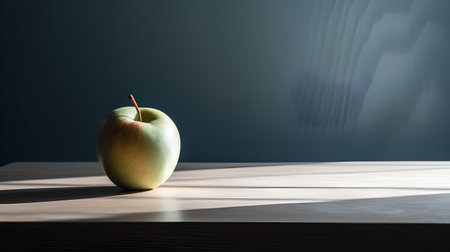 Green apple on a wooden table in front of a dark background.の素材