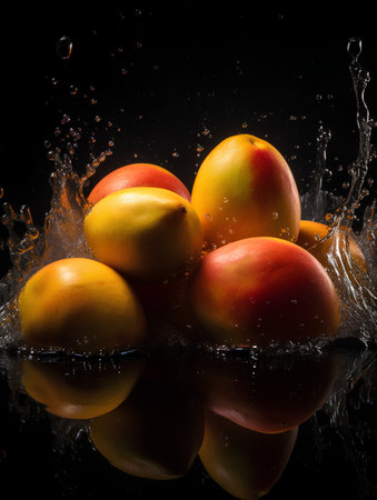 Fresh apricots falling into water with splash on black background.の素材