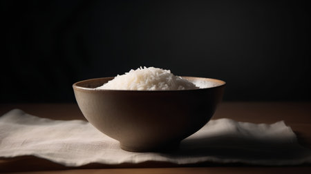 Cooked rice in a bowl on a wooden table. Dark background.の素材
