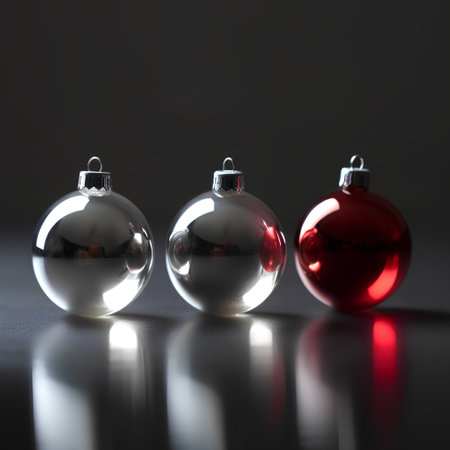 Three christmas baubles on a dark background with copy spaceの素材