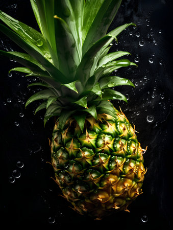 Pineapple on black background with water drops. Tropical fruit.の素材