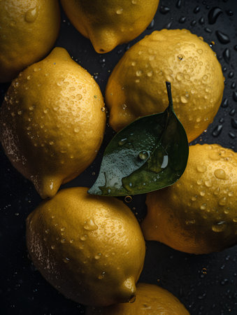 Fresh lemons with water drops on a black background. Toned.の素材