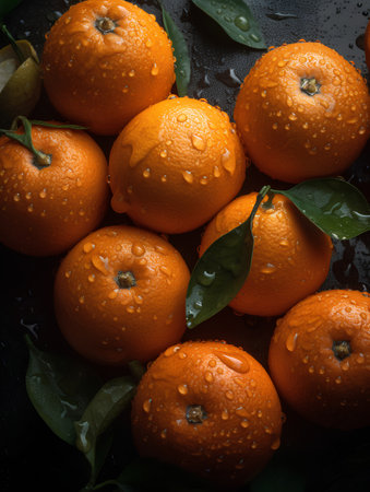 Ripe tangerines with leaves on a black background. Top view.の素材