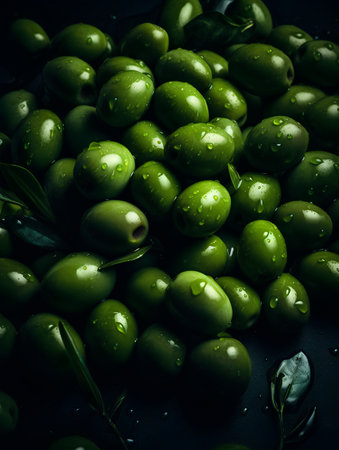 Green olives with leaves on a black background. Toned.の素材