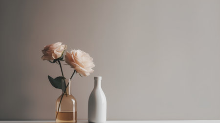Minimalistic still life with rose flowers in vase on white table and grey wall backgroundの素材
