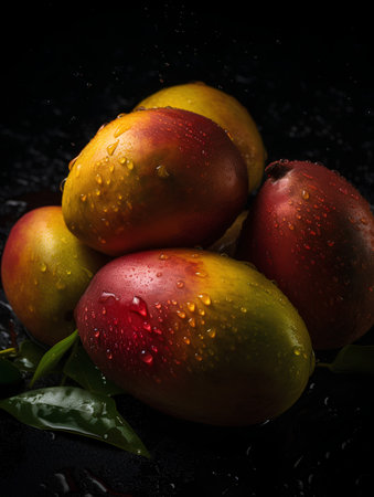 Tropical fruit, mangoes with water drops on black backgroundの素材