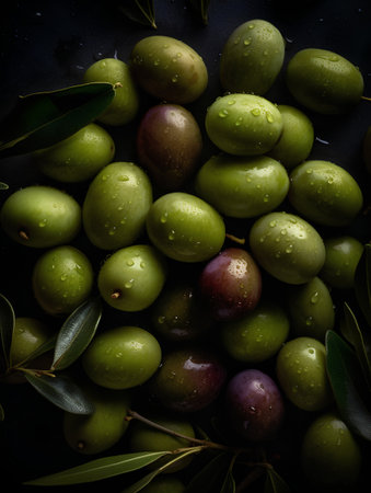 Green olives with leaves on a black background. Top view.の素材