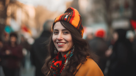 Portrait of a beautiful young woman with long wavy hair, wearing a warm orange hat and scarf, standing on the street.の素材