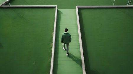 Young man in green sportswear standing on the green football fieldの素材