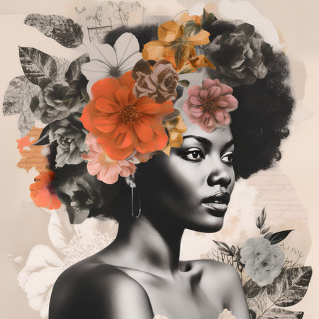 Beautiful african american woman with flowers in hair. Portrait of black fashion model with afro hairstyle and makeup.の素材