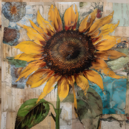 sunflower on old paper background, grunge texture, vintage styleの素材