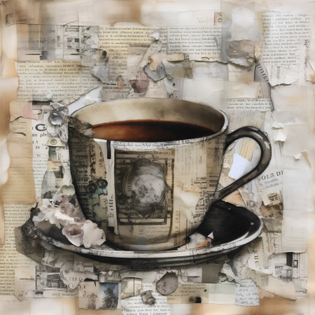 Cup of coffee on old newspaper background. Grunge styleの素材