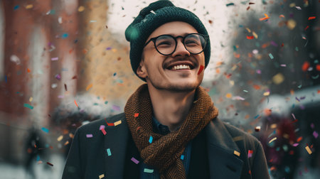 Handsome young man in hat, scarf and eyeglasses is standing on the street with confetti.の素材